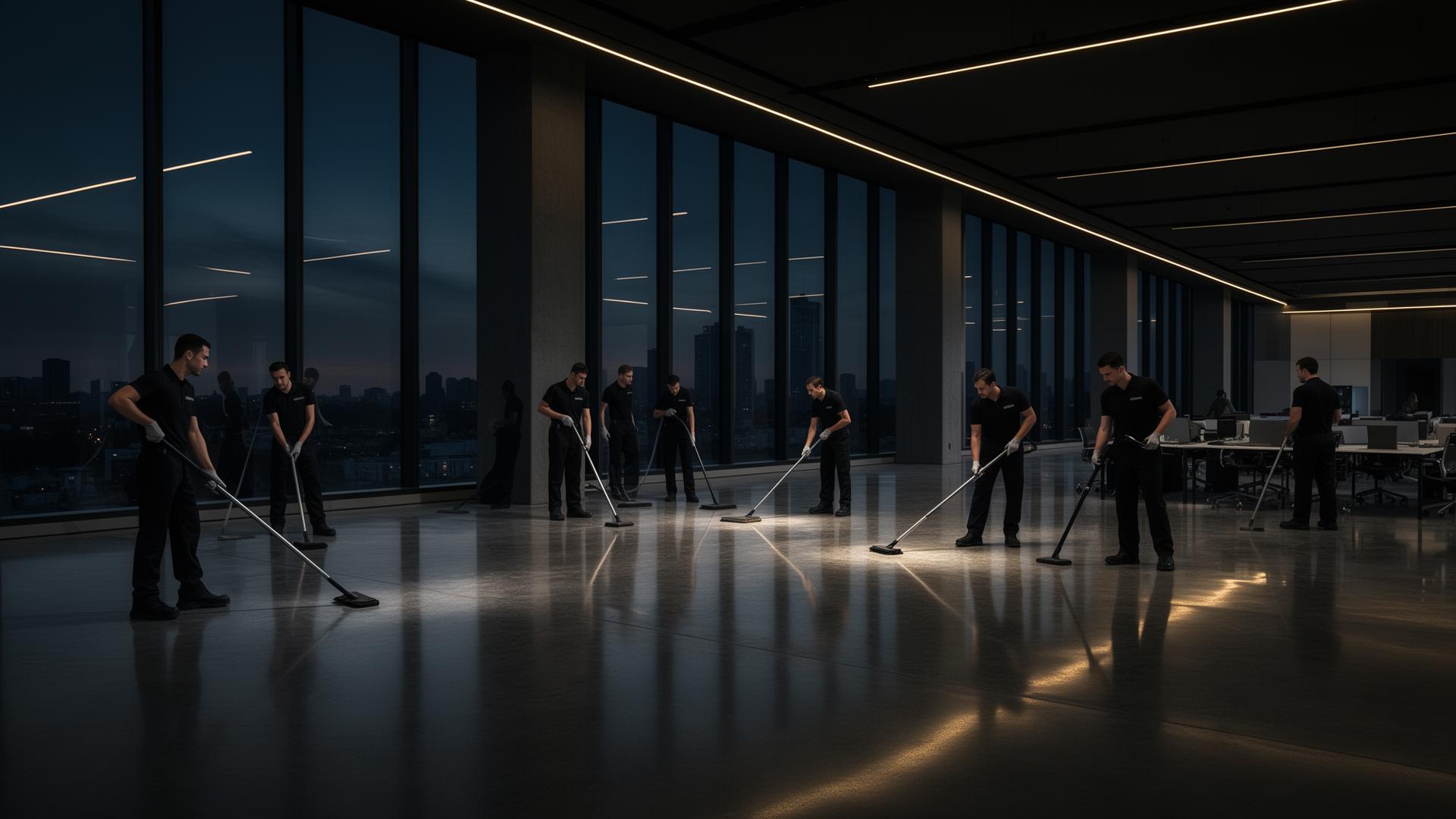Titan Cleaning Group commercial crew servicing a luxury office at dusk